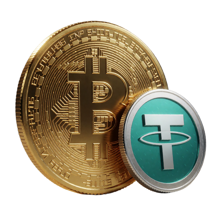 Goldene Bitcoin-M&uuml;nze und USDT-Token - Krypto Willkommensbonus bis 3.000 USDT bei Millioner Casino
