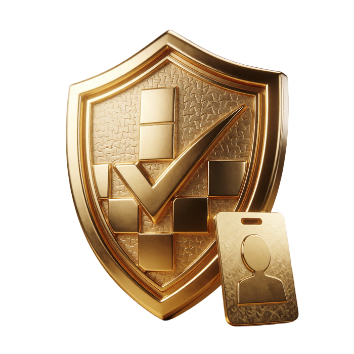 Goldener Schild mit H&auml;kchen und Ausweis-Symbol - KYC-Verifizierung bei Millioner Casino