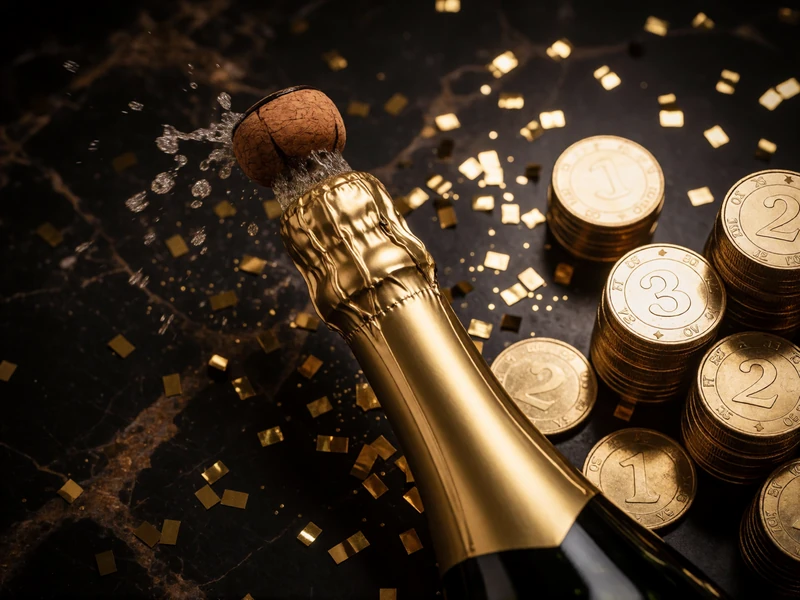 Champagnerflasche mit Goldm&uuml;nzen und Konfetti - Millioner Casino Willkommensbonus