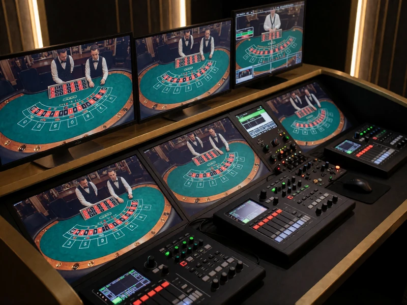 Professionelles Live-Casino-Streaming-Studio mit Monitoren f&uuml;r Roulette und Blackjack - Millioner Streaming-Technologie